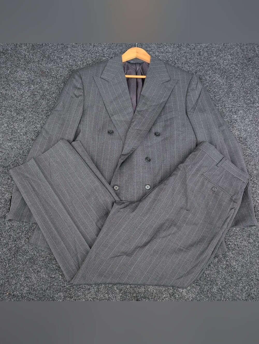 Vtg Polo Ralph Lauren Suit 44/38 Gray Wool Striped Double Breasted Peak Lapel